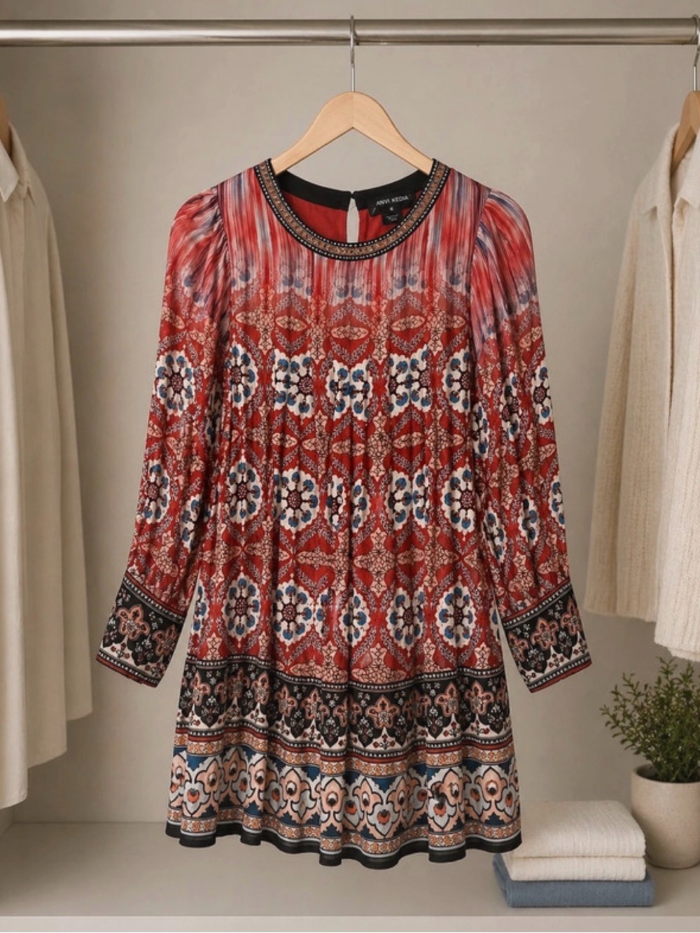 Tanvi Kedia Boho Print Mini Dress Red Multicolor Long Sleeve Size XS
